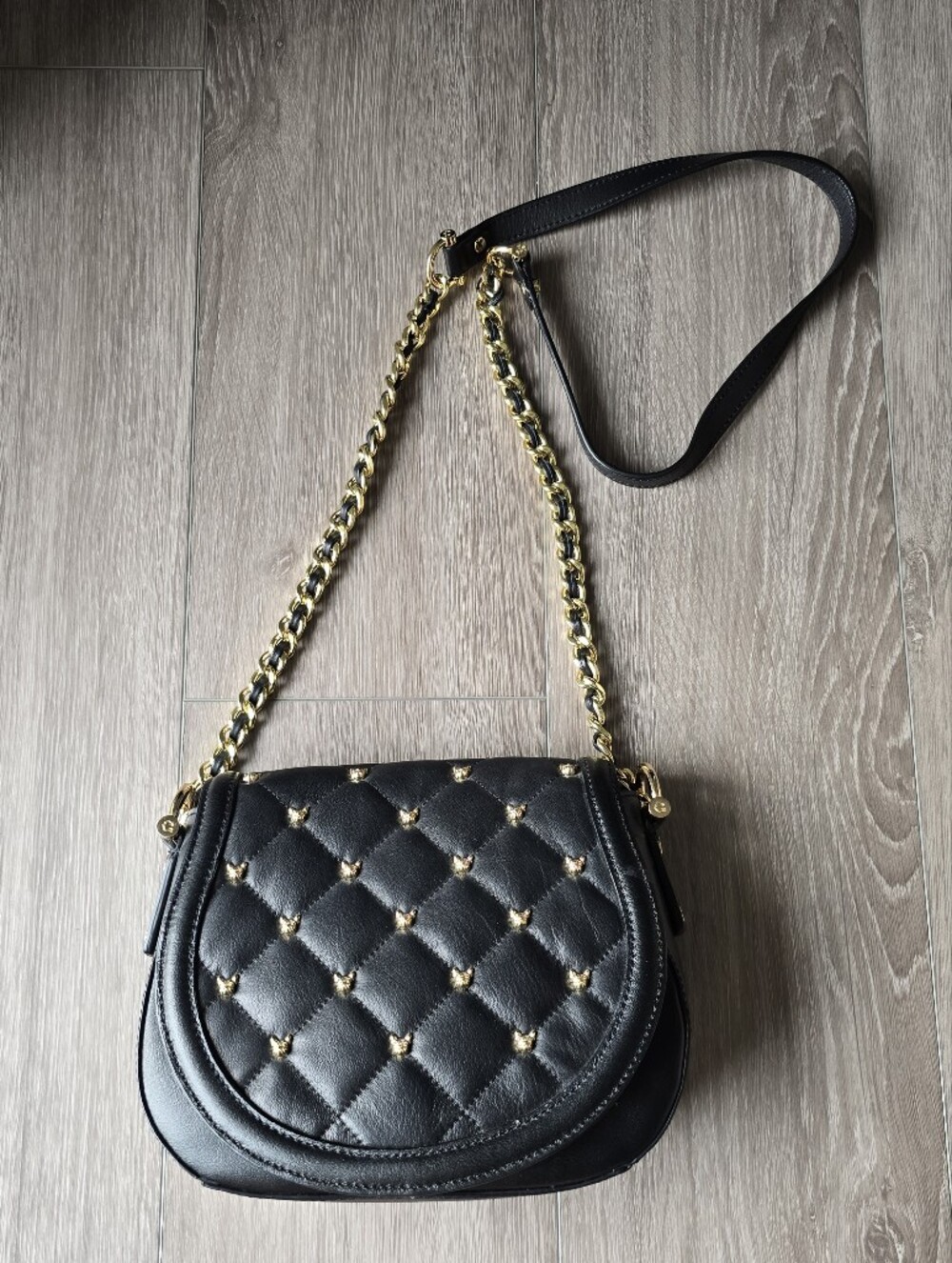 C Wonder Genuine Leather Black Quilted Crossbody Gold Dog Stud Chain Strap - Picture 14 of 15